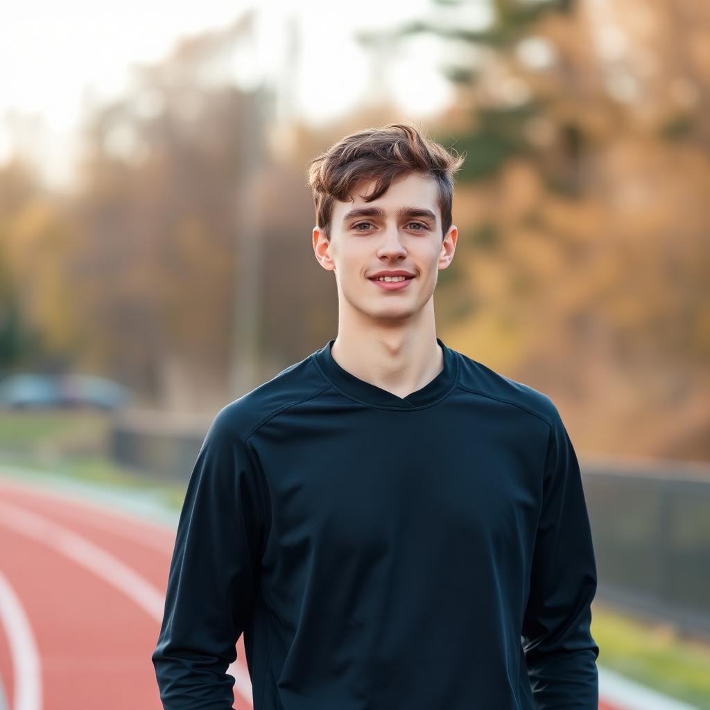Young collegiate distance runner in plain training gear standing on a track