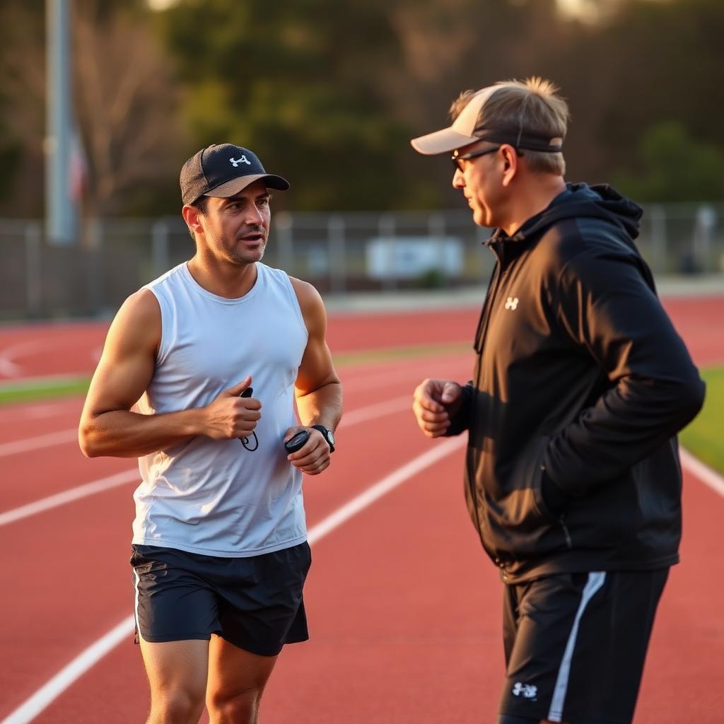 Running coach giving feedback to a male athlete during a training session on an outdoor track