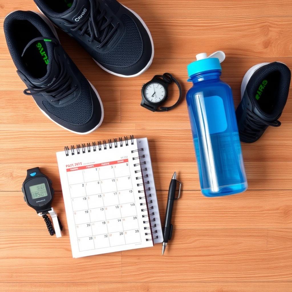 Overhead flat lay of running shoes, a calendar planner, stopwatch, and water bottle on a wood surface