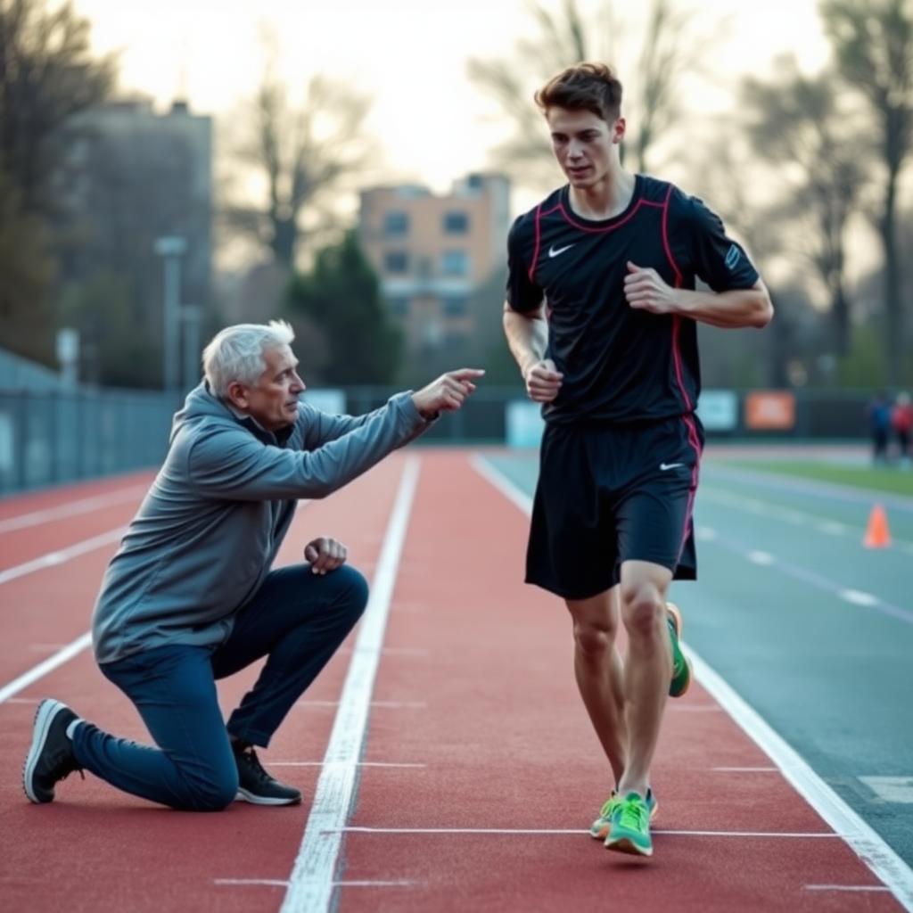 Coach giving feedback to an athlete on an outdoor running track