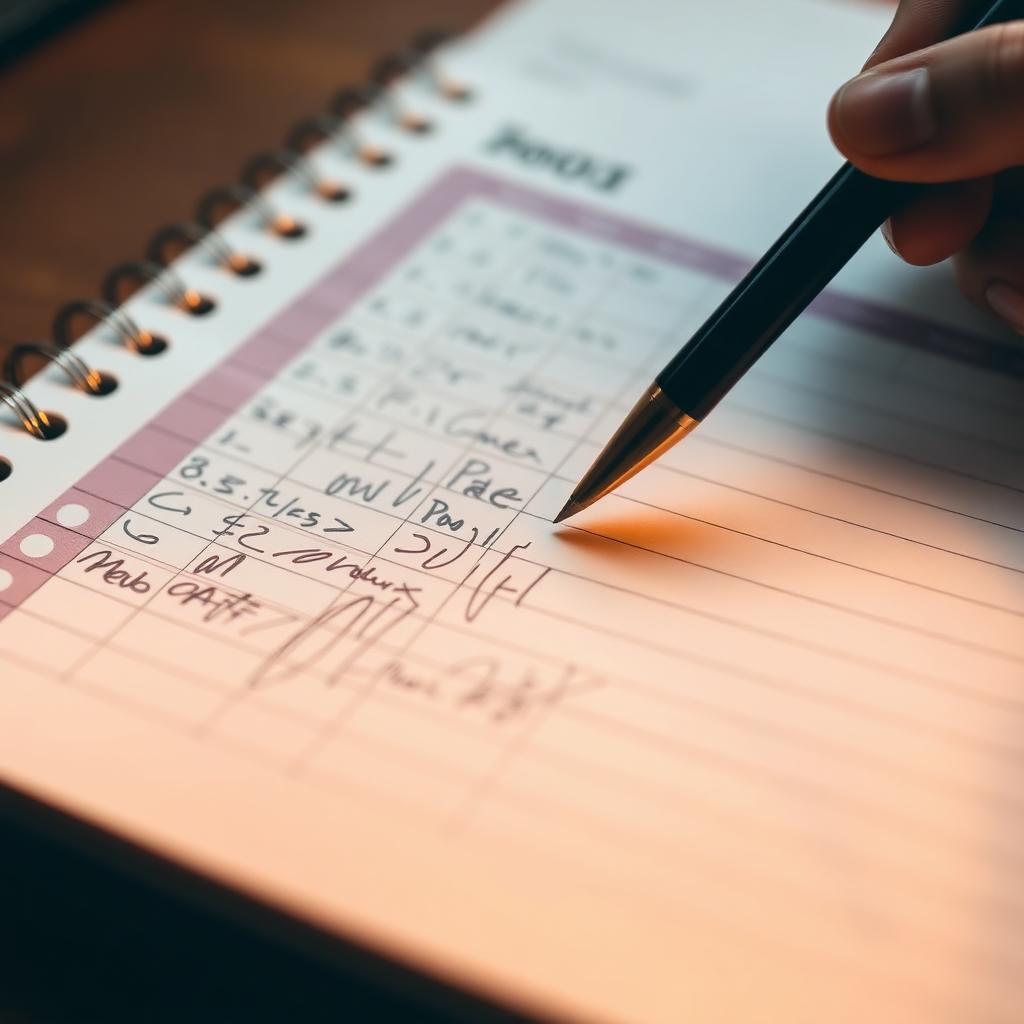Close up of a training log notebook on a wood desk